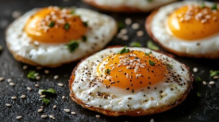 Sunny-side up eggs, sesame seeds, dark surface, breakfast