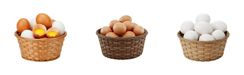 Baskets of brown and white eggs with one cracked egg exposing yolk in center