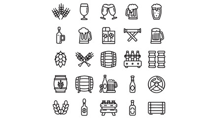 A set of black and white icons including a beer mug, a beer can, a beer glass