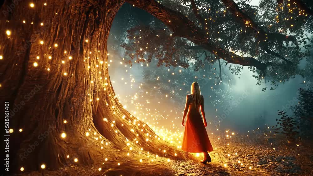 Poster mysterious figure walks through enchanted forest illuminated by glowing lights at dusk, mysterious f