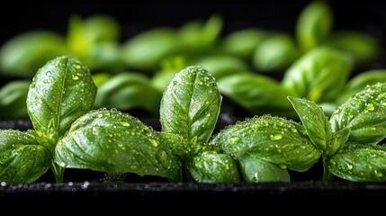 Fresh basil seedlings in a tray, close-up