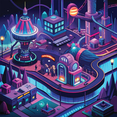 AI Powered Cyber Amusement Park in Neon City Vector