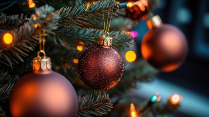 Festive brown ornaments on Christmas tree with warm lights