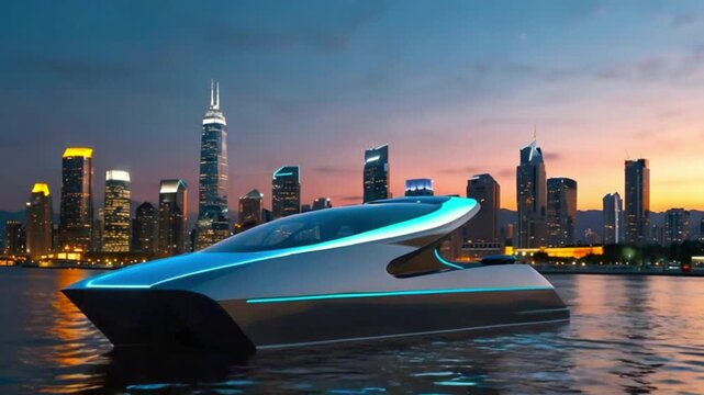 A futuristic, sleek boat with blue lighting on the water, with a city skyline in the background at night.