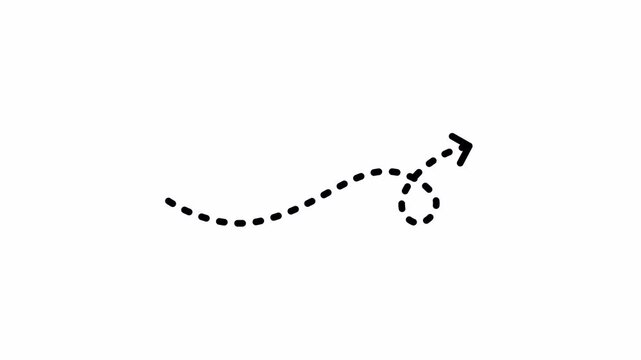 Dashed looping arrow curving upward and right on transparent background, symbolizing non-linear progress and dynamic navigation. 4K video