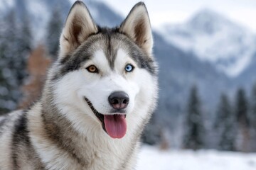 Naklejka premium Heterochromia husky dog enjoying winter wonderland