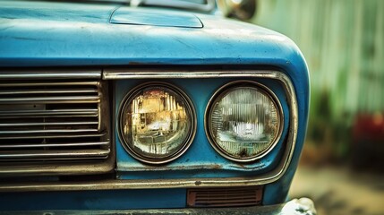 Classic blue car headlights, outdoors, faded paint, vintage
