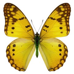Yellow butterfly with brown markings isolated on white background