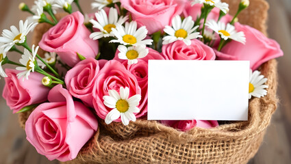 A bouquet of pink roses and daisies, with a blank card for a personalized message