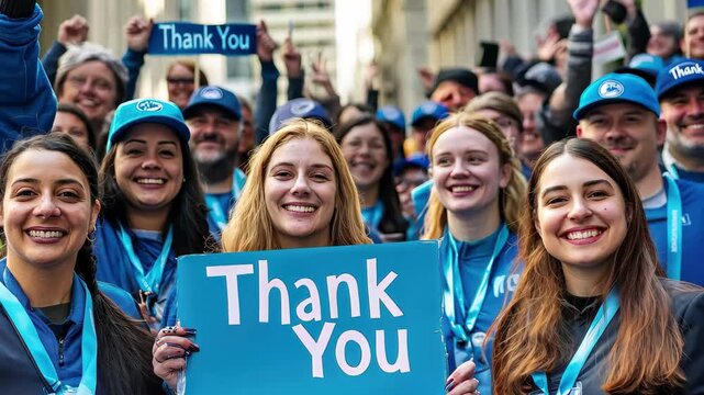 Charity volunteers gather to show appreciation in city center, Large group of charity volunteers smile into camera holding a "Thank You" sign