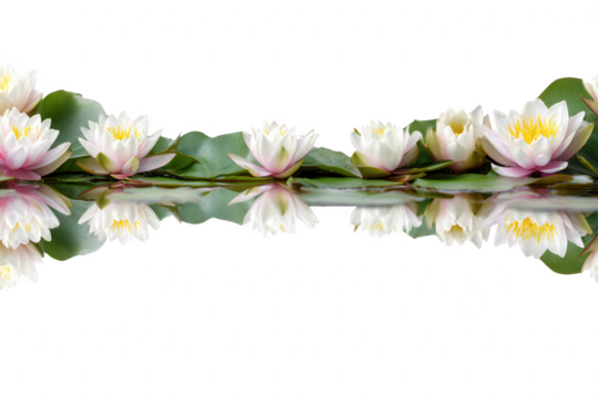 Water lilies with pink and white petals reflected in water