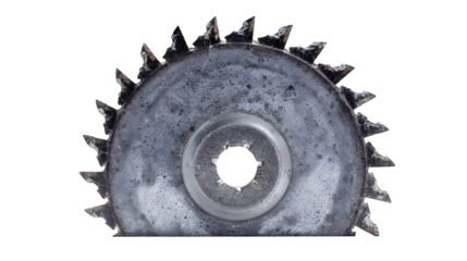 Close up view of a metal gear with visible teeth and a central hole on a black background space