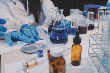 Fototapeta premium Modern Empty Science Laboratory With Microscopes, Test Tubes And Other Laboratory Equipments