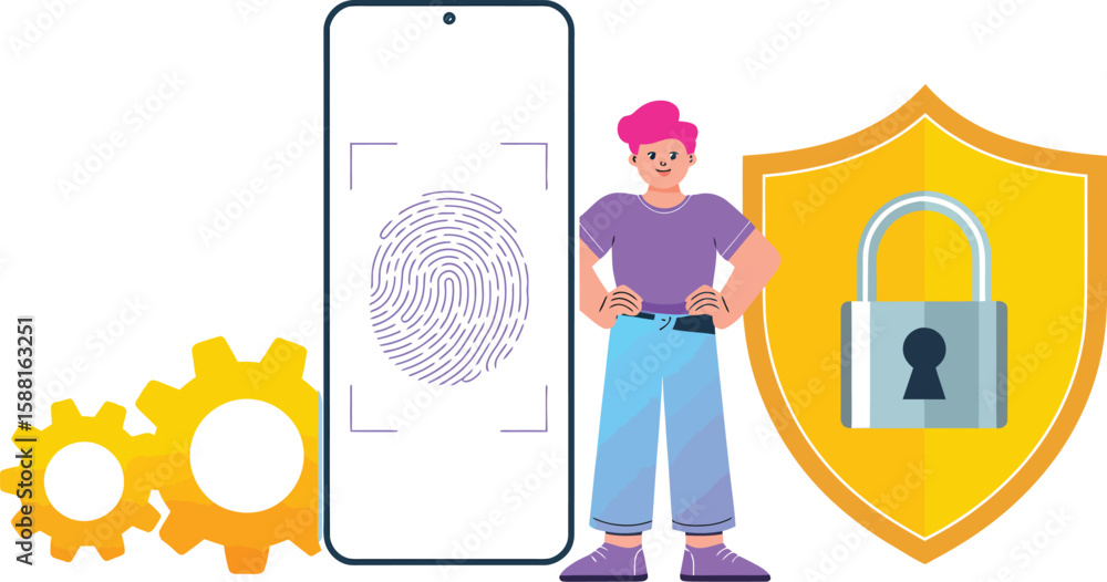 Aufkleber illustration showing fingerprint scan on phone with gears and security shield