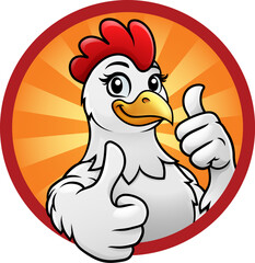 Smiling cartoon chicken giving two thumbs up in front of a vibrant orange sunburst circle. Friendly, bold farm or food mascot design.