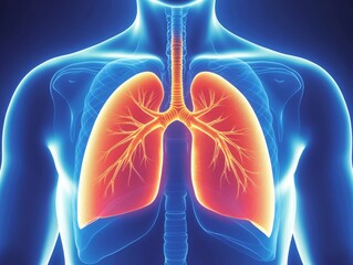Illustration of a human chest and lungs, showing clear breaths in blue with a glowing red area for the lungs