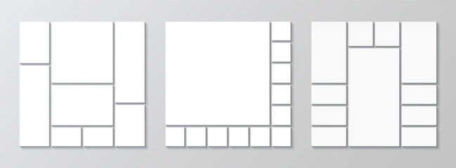 Moodboard templates set. Photo collage brandboard layout. Collection of mosaic pictures grid. Album portfolio images isolated on gray background. Mood board frame. Vector illustration