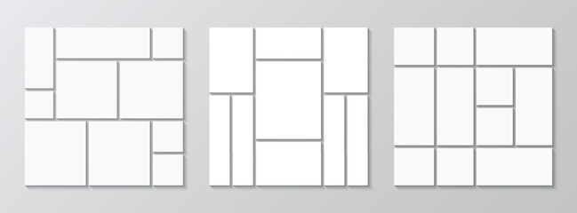 Collage layout template. Set of photo moodboard. Mood board grid. Mosaic pictures geometric frames set. Organised portfolio collection. Album brandboard. Gallery banner. Vector illustration