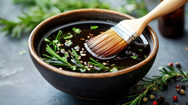 Aromatic herb-infused culinary oil in a rustic ceramic bowl with a brush, poised for basting, evokes a symphony of culinary artistry and flavorful possibilities for dishes