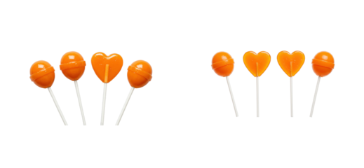 Bright orange heart and round shaped candy lollipops with sticks against black background