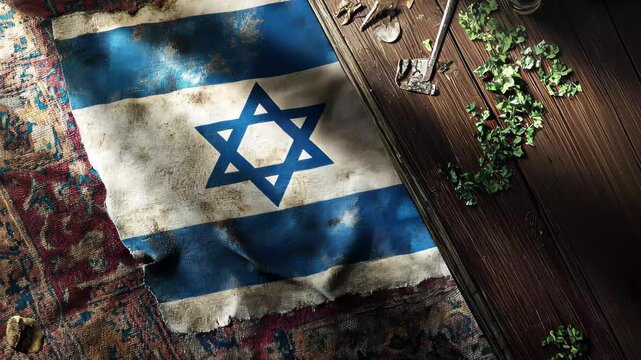 Israel flag displayed on a textured surface with traditional decor elements nearby, Flag of Israel