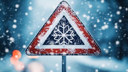 A warning sign with a snowflake in the middle and a snowy background behind it