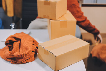 Portrait of Starting small businesses SME owners, two Asian woman check online orders Selling...