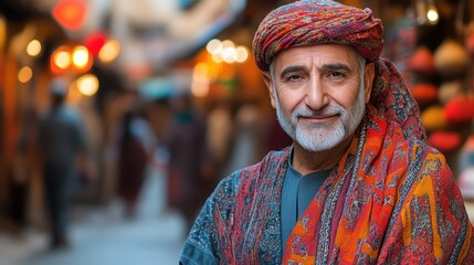 Middle-Eastern man smiles, market background, travel portrait