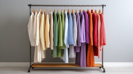 Clothing rack with dresses organized by color and tags for different skin tones