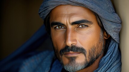 Man in desert, intense gaze, sunlit backdrop, portrait photography
