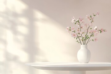 White table with delicate spring flowers in a vase