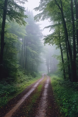 Obraz premium Misty forest path winds through lush green trees, creating serene and mysterious atmosphere. damp ground and foggy air add to tranquil and enchanting scene