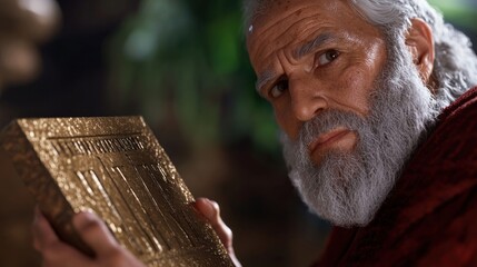 Elderly man holding ancient book, indoor setting, mystical background, for fantasy story illustrations