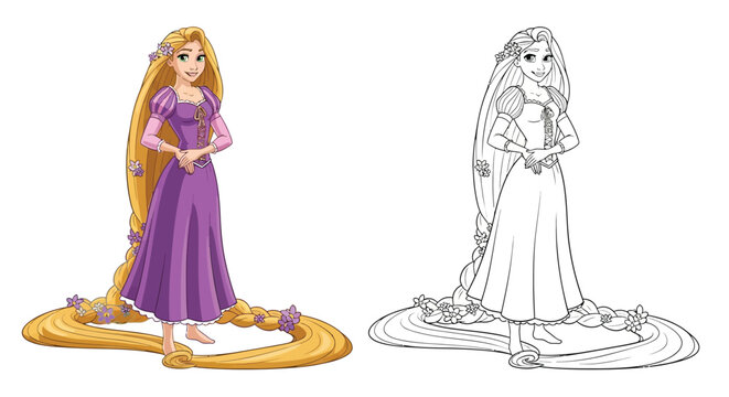 Rapunzel Character Coloring Page with Full Colored and Outline Styles for Art Fun