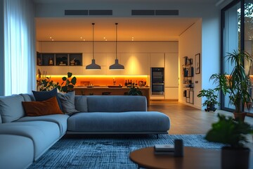 In the living room of a smart home, the interplay of light and shadows from devices showcases the convenience and comfort of technology