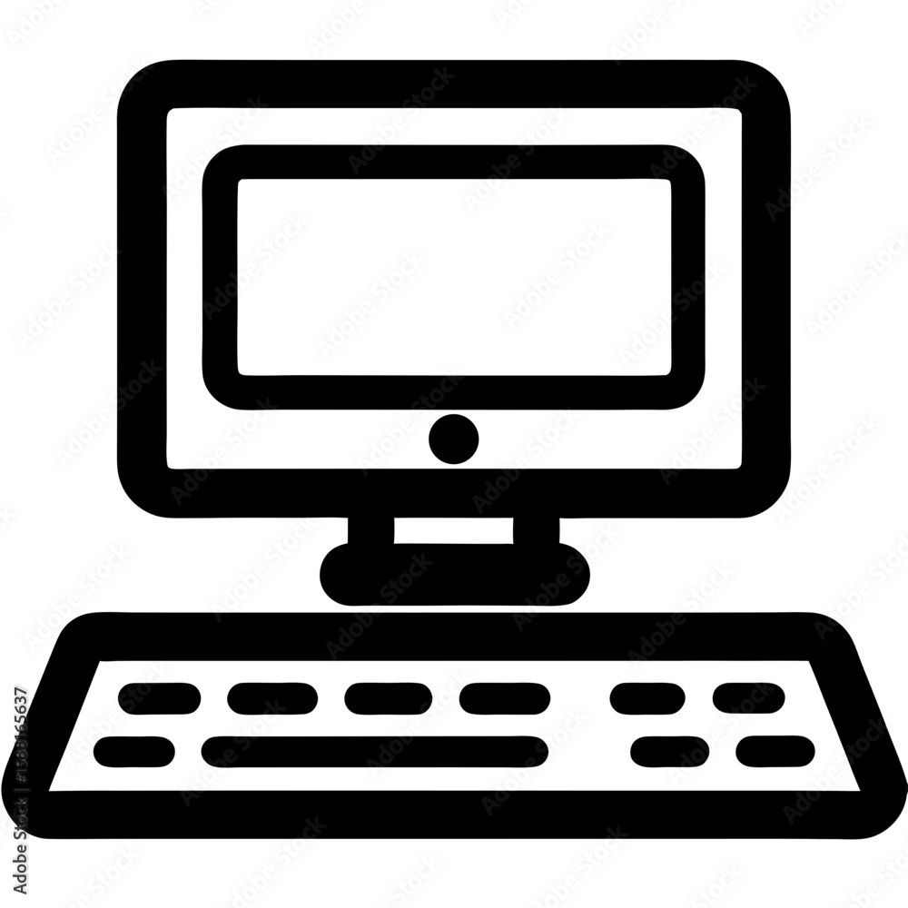 Fototapete Desktop computer and keyboard icon in black outline design  