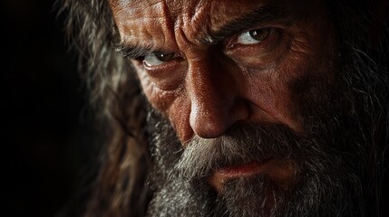 Angry old man portrait, dark background, intense gaze, film still