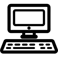 Desktop computer and keyboard icon in black outline design  