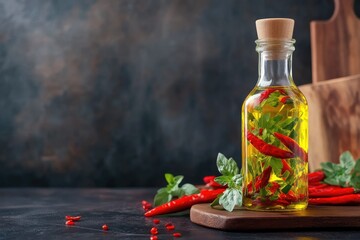 Spicy olive oil with chili peppers and basil infused for flavor