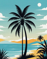 Palm tree .   Oil painting. Pattern for printing on wall decorations, fabrics, for use in graphics.