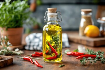 Spicy olive oil with chili peppers and rosemary infusing on kitchen table