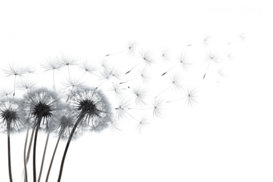 Dandelions blowing seeds on a white background