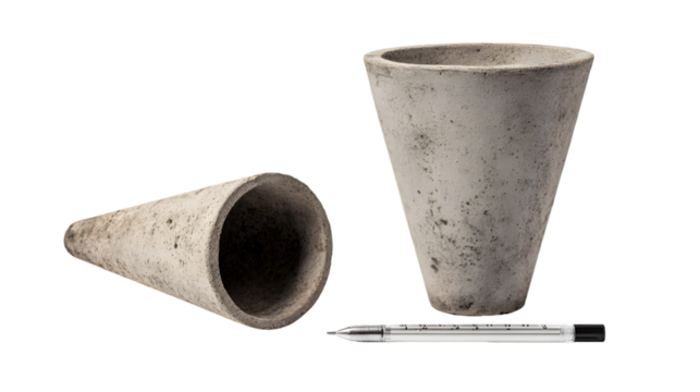 A still life of two concrete forms a cone and a cylinder with a thermometer on a black background
