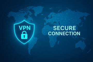 VPN secure connection graphic with glowing shield and lock icon over world map, representing global cybersecurity, encrypted internet access, and digital privacy protection, VPN secure connection, 
