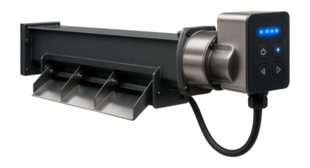 Scraper conveyor with a variable speed drive and programmable controls for precise material handling in a logistics center.