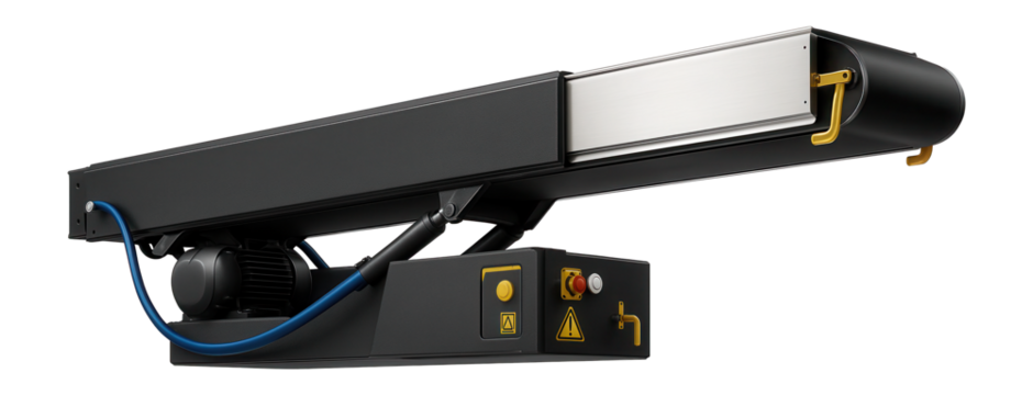 Telescopic conveyor with extendable sections and motorized belt for loading ore onto transport vehicles.