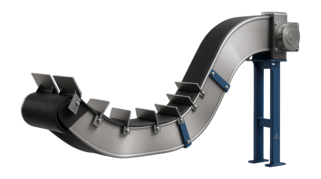 Scraper conveyor with a curved path and custom-length sections for navigating complex layouts in a factory.
