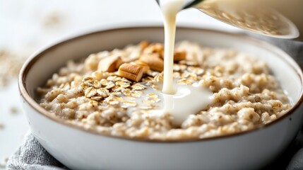 Creamy oatmeal breakfast bowl, cashews, milk pouring