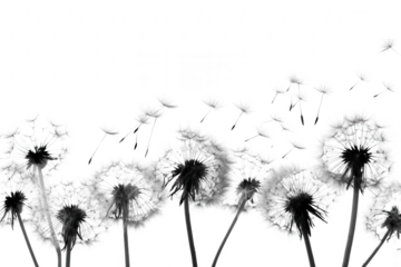 Dandelion seeds blow in the wind isolated on transparent background