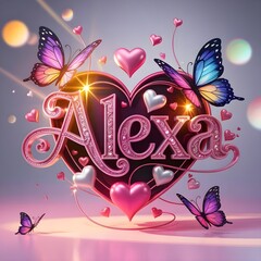 A digital art piece featuring the name Alexa in shiny pink letters with butterflies, hearts, sparkles, glowing lights, and dreamy background.